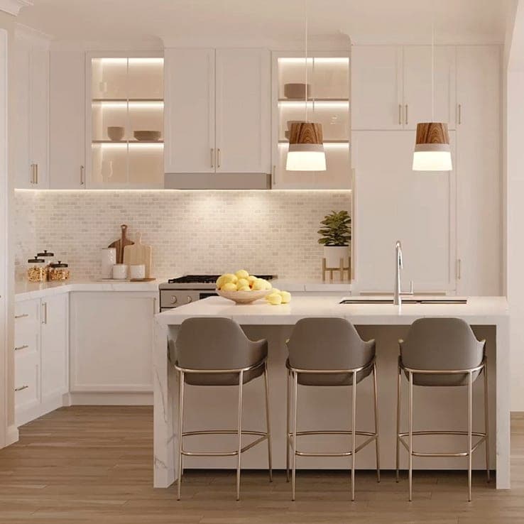 White kitchen with island seating. Artist's concept.