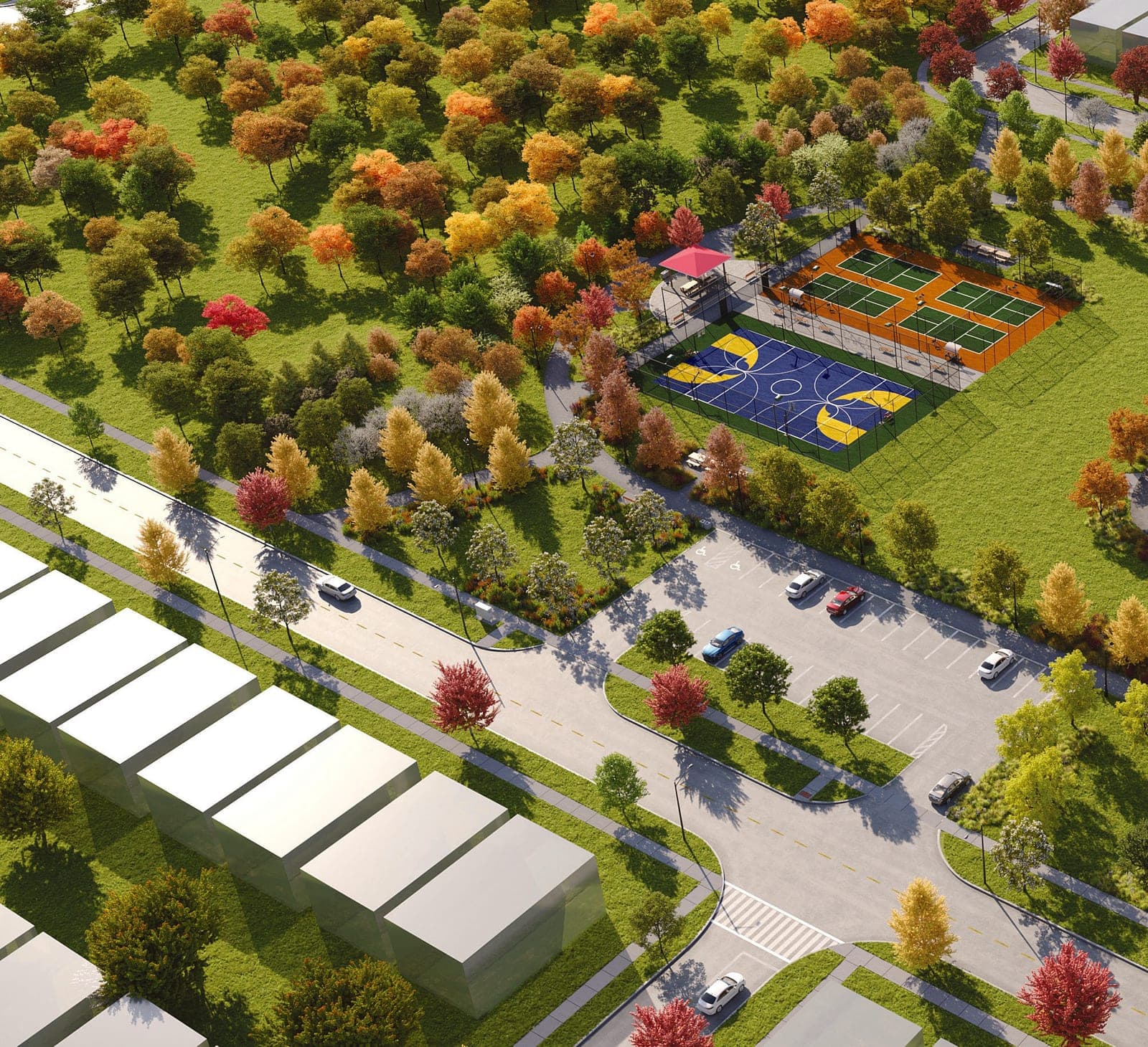Aerial rendering of the Erin Glen community park with sports courts and trails. Artist's concept.