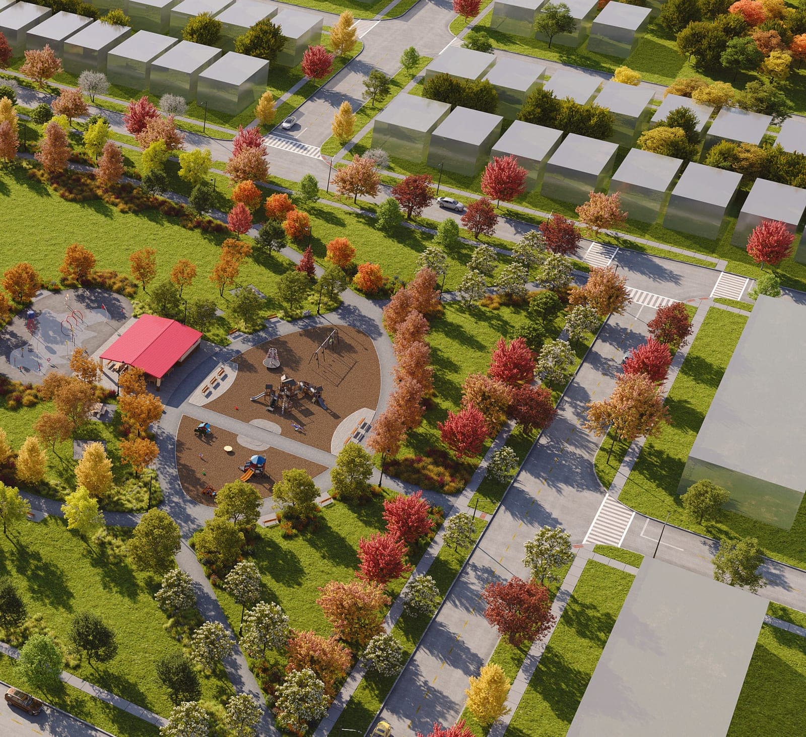 Rendering of the park playground and splash area. Artist's concept.