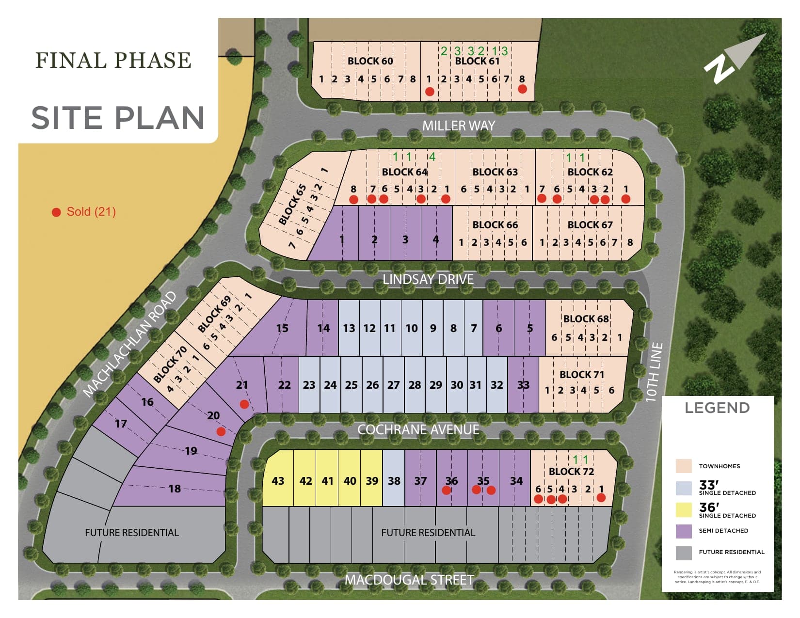 Erin Glen final phase site plan: townhome blocks, semi-detached and 33 and 36 foot detached lots between Miller Way and MacDougal Street, with sold lots marked.